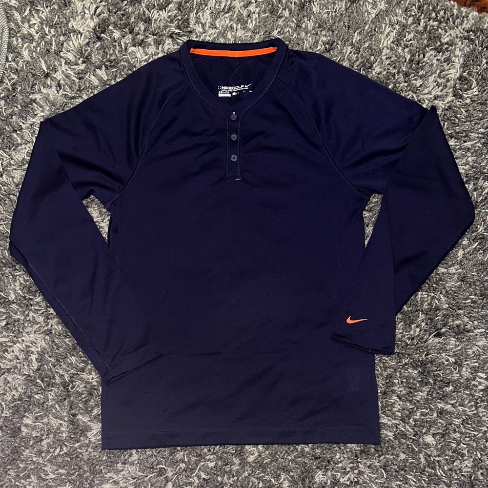 New w/o tags Nike Golf Dri-Fit Dark Blue Long Sleeve Tee with Orange Accents